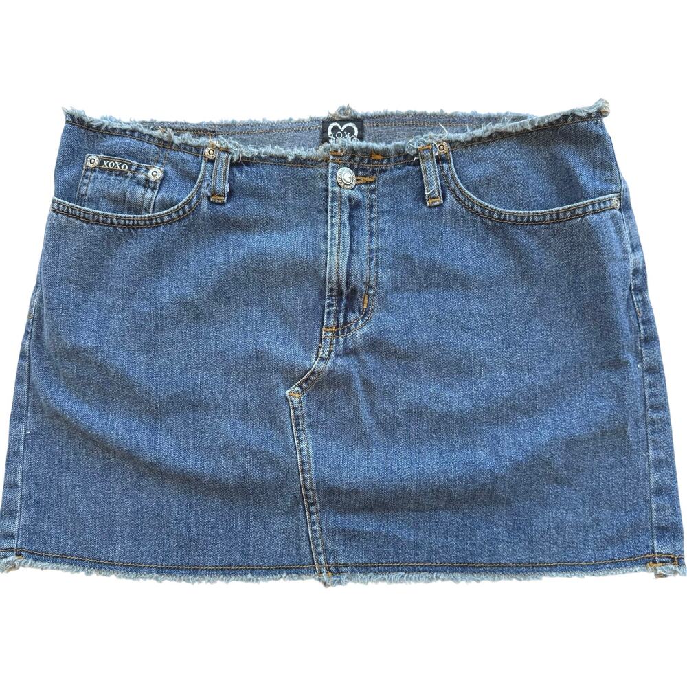 XOXO Y2K Denim Mini Skirt Low Rise Raw Hem 90s Vintage Blue Jean Skirt 7/8